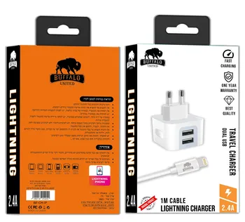 מטען קיר כפול 2.4A עם כבל USB iPhone מבית באפאלו.