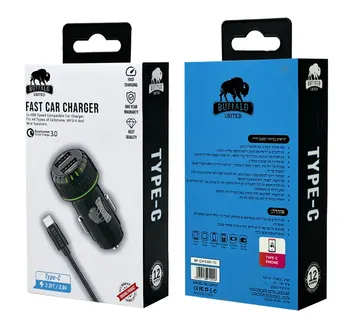מטען רכב כפול 3A עם כבל USB Type-C מבית באפאלו.